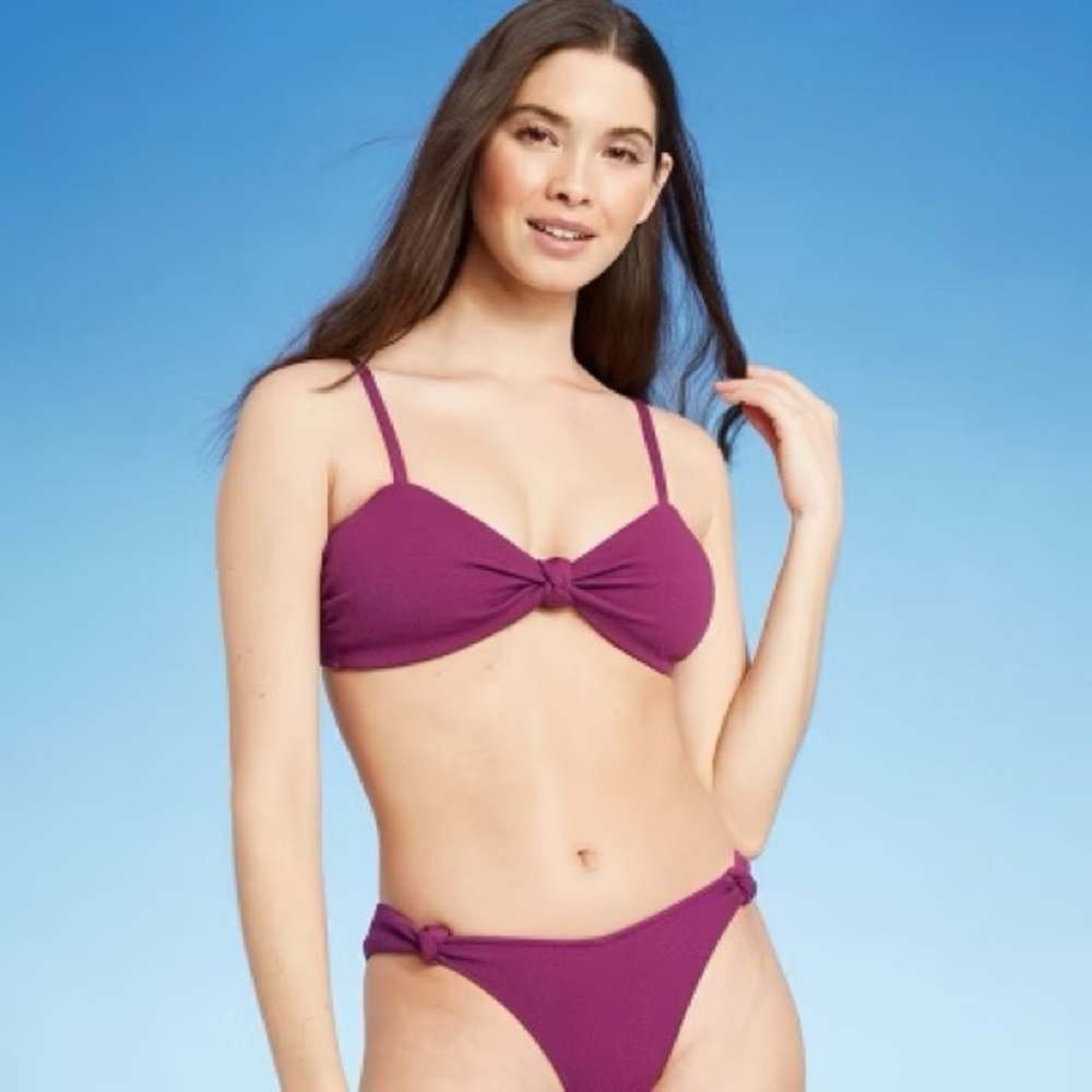 Shade & Shote Knot-Front Crepe Textured Bikini Top and Bottom Set Medium/Large